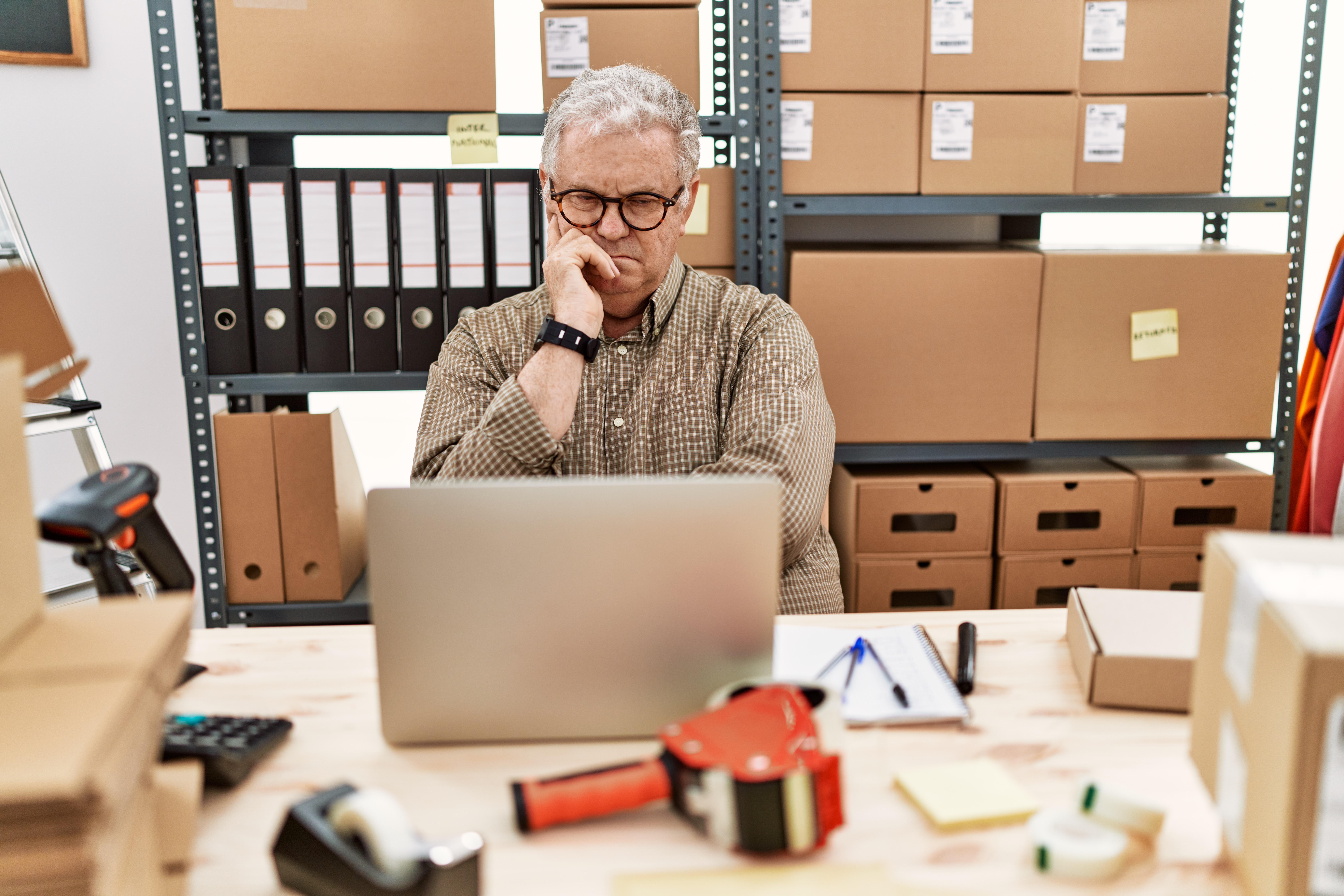 Stressed small business owner at a desk struggling with rapid business growth and operational strain.
