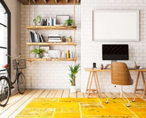 Office with stylish yellow carpet